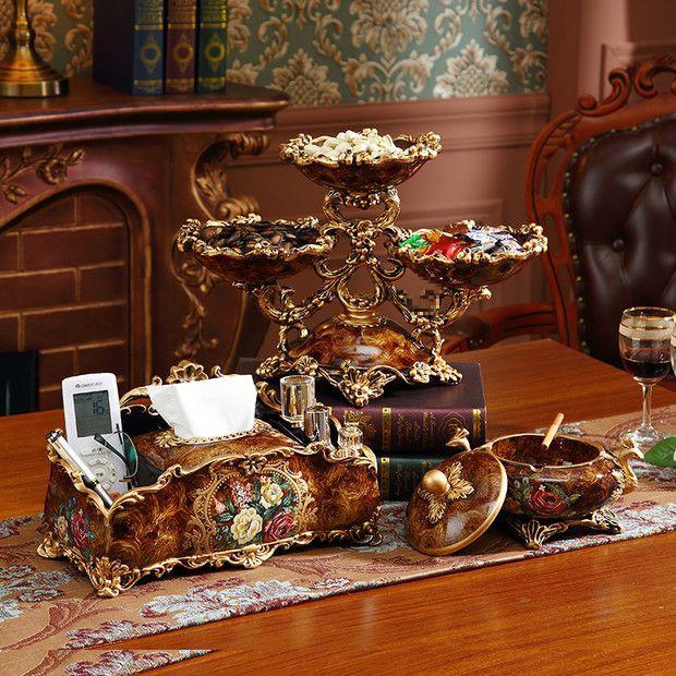 European and American Decorative Set: Fruit Bowl, Tissue Box, Ashtray, and Figurines for Living Room Coffee Table.