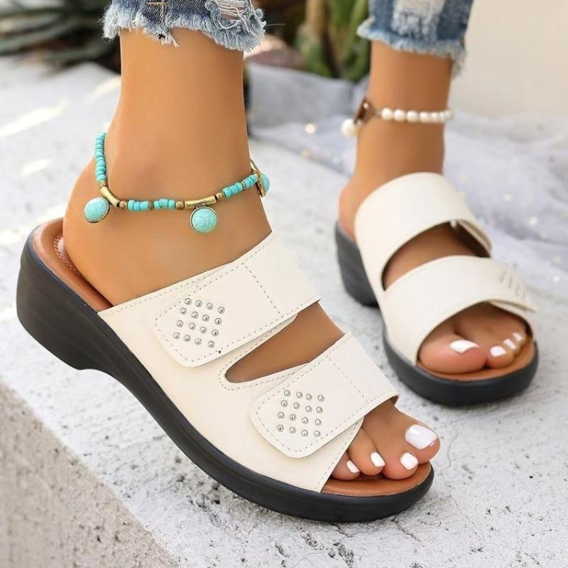 Women's Wide Width Peep-Toe Crystal Slides - Korean Style Hook & Loop Sandals for Spring/Summer, Fashion Adjustable Mules