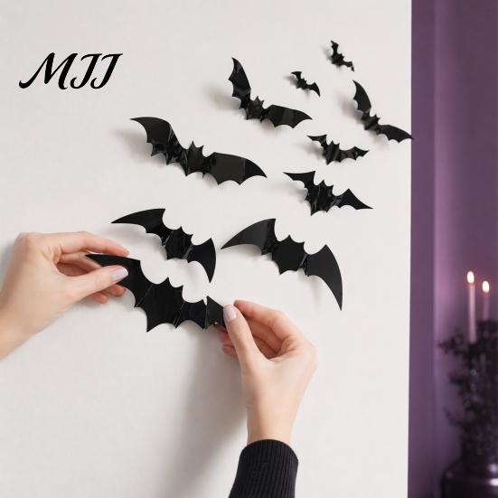 Three-dimensional Halloween Decor 12Pcs Bats Wall Decals, 3D Bat Stickers for Home Decor, Folded Paper Decoration 4 Size Waterproof Black Spooky