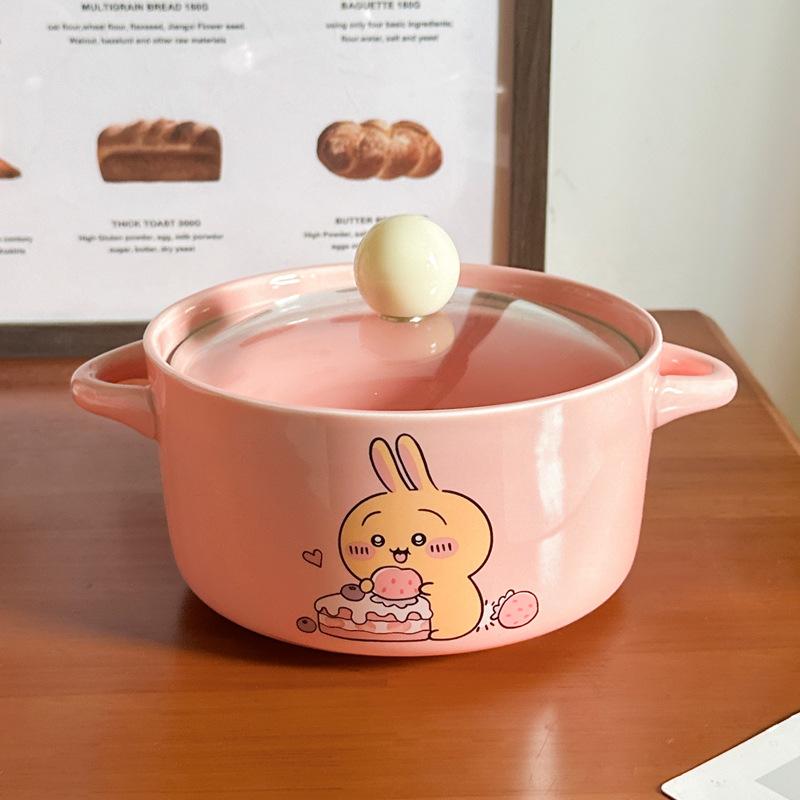 High-value Cute Tableware Ceramic Instant Noodle Bowl with Lid Children's Rice Bowl Student Dormitory Instant Noodle Bowl Binaural Soup Bowl