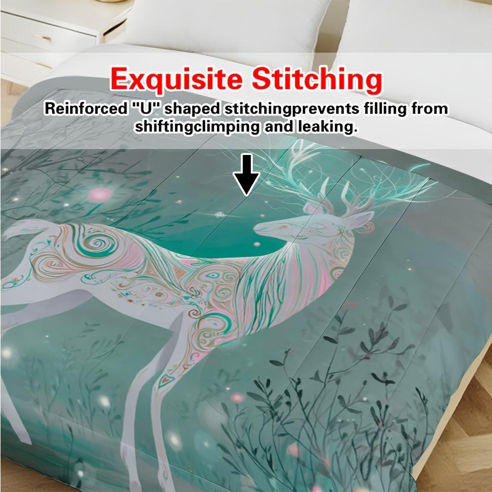 1pc Luxury Winter Forest Deer Quilt - Turquoise Green & White All-Season Bedspread, Ultra-Soft Breathable Comforter with Deer
