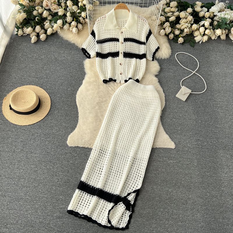 

Южная Корея Стиль Отпуска Лацкан Разрез Юбка Короткий Рукав White One size