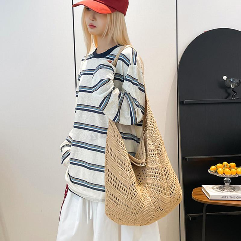 Yogodlns Casual Knitted Tote Bag Women's Summer Fashion Basket Weave Hollow Out Large Capacity Shoulder Bag for Daily Use