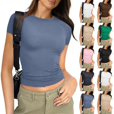 Womens Summer Basic Slim Fit Tops Short Sleeve  Neck Tight T Shirts