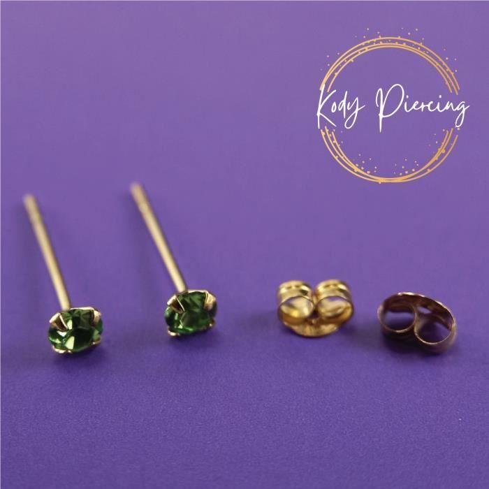 Katı 9 Ayar Altından Piercing Mücevher Küpeler - Taşlı Set: Yeşil Yuvarlak Kristal 3mm