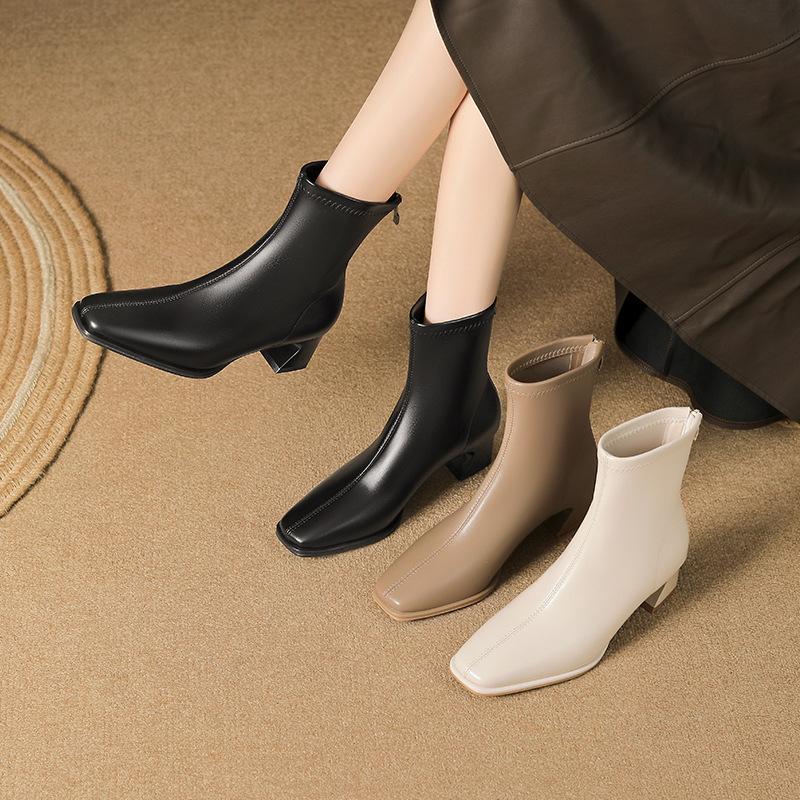 French thick heel short boots women's autumn and winter new commuting zipper elastic square head fashionable versatile medium tube thin boots