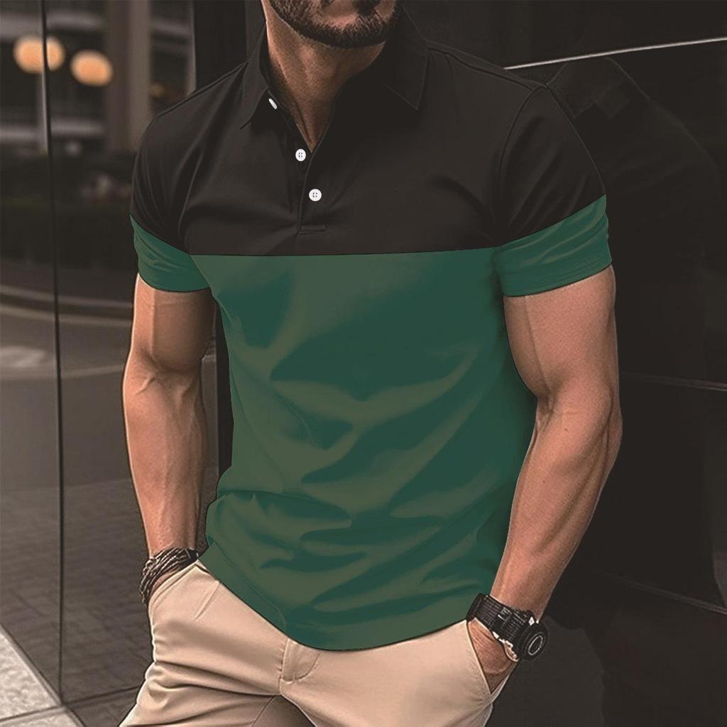 New Fashion Men's Casual POLO Shirt Fashion V-neck Button Business Colour Blocking T-shirt Tops