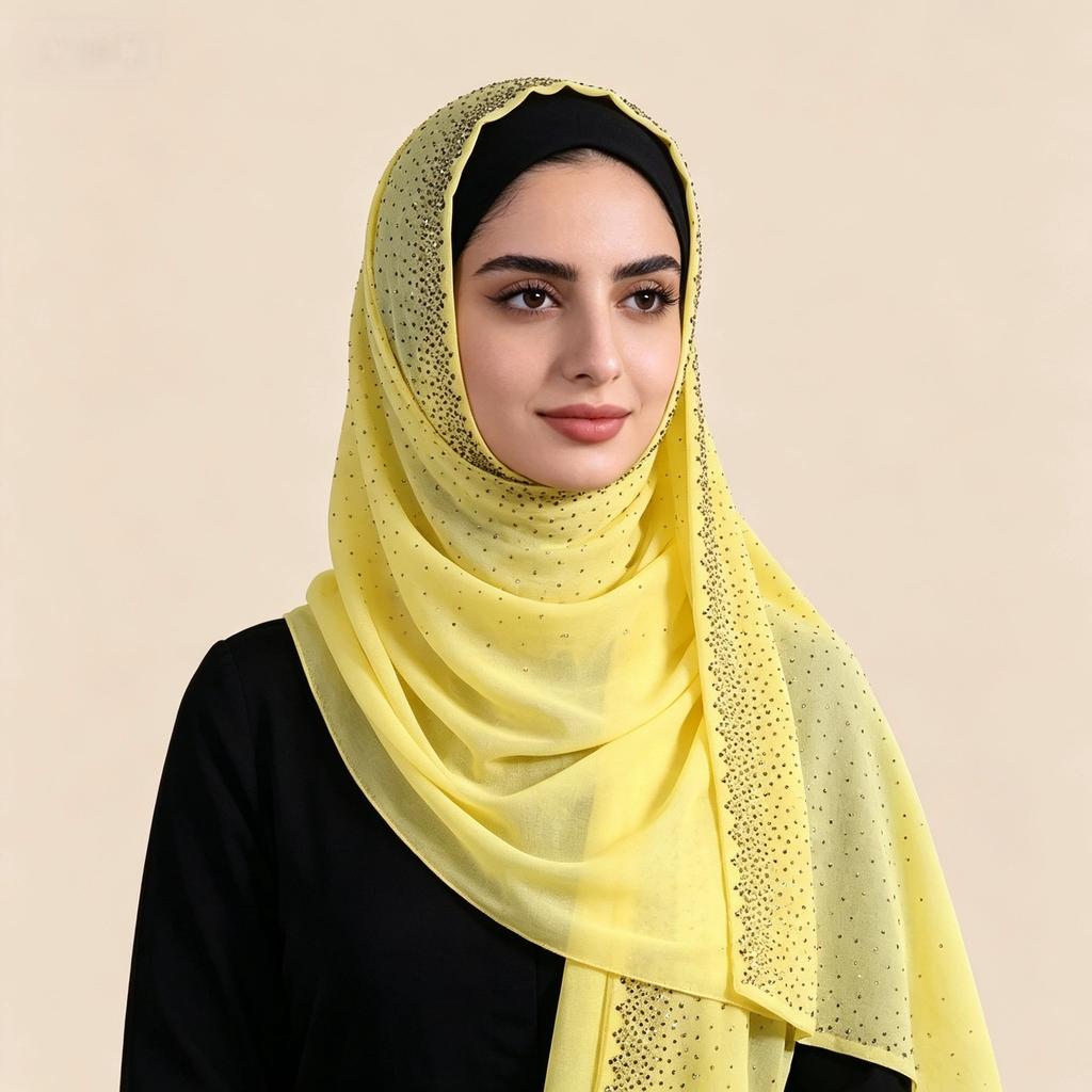 Full Cover Rhinestone Chiffon Scarf Solid Color Breathable Prayer Hijab Crinkle Shawl