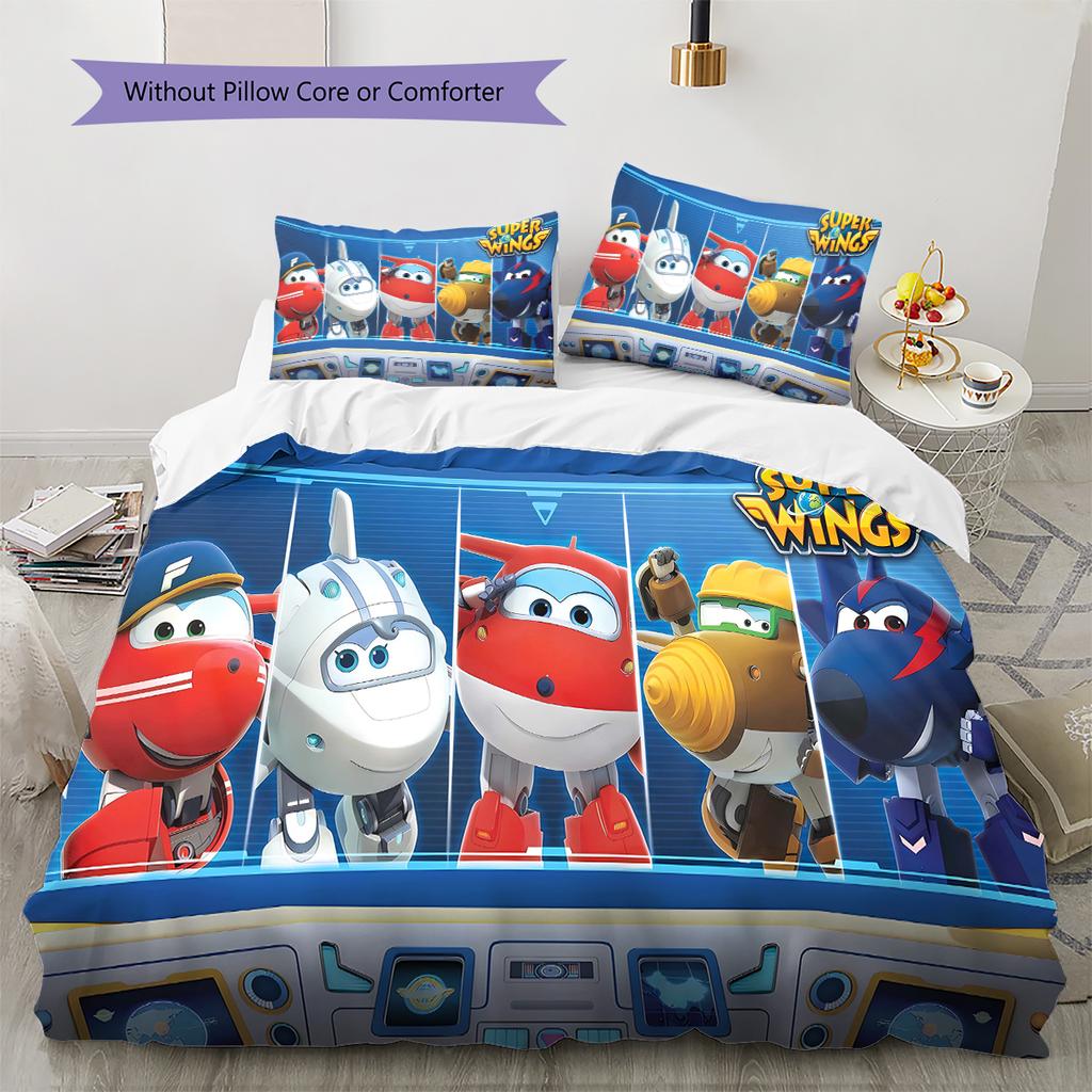 Super Wings Vzor Povlečení Sada Prošívaných Dek Quilt Cover Povlak na Polštář Domácí Dekorace Dárek (1 * povlak na peřinu + 2 * povlak na polštář, bez jádra)