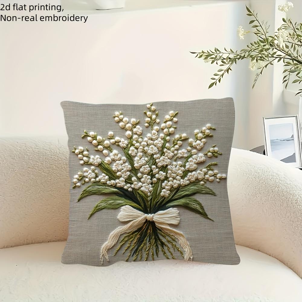 Capa de Almofada 2D Estampada Lisa de Lírio-do-Vale com Bordado Não Real, Capa de Almofada de Sofá, Decoração de Casa, Impressão 2D