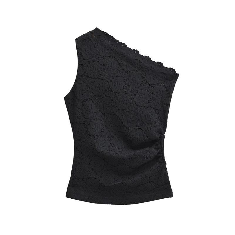 Women s Off-Shoulder Lace Camisole: Slim Fit, Sexy Ruched Waist, Sleeveless Medium чёрный