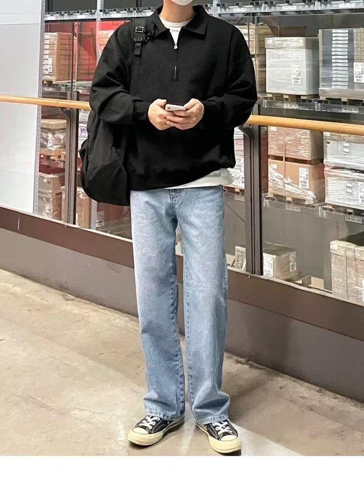 Men's Trendy American Sweatshirt: Spring/Autumn, Loose Fit, Korean College Style, Casual Lapel Pullover Top