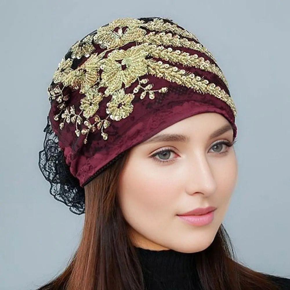 

Rhinestone Summer Thin Headscarf Head Scarf Islamic Under Scarf Solid Color Lace Turban Hats Women Style B