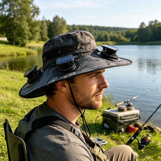 Bærbar Kølende Solhat, Udendørs Aktivitetskasket med Indbygget Ventilator Solenergisystem, UPF 50+ Åndbar Bredskygget Hat til Vandring Camping Fiskeri