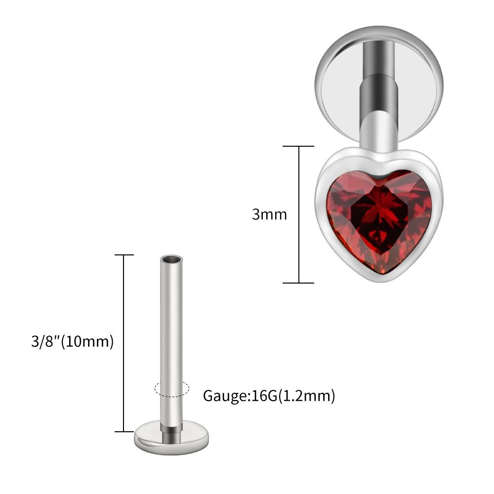 Right Grand ASTM F136 Titanium Heart Shaped CZ Flat Back Labret Stud 16G Garnet Cartilage Helix Ear Piercing Halloween Jewelry