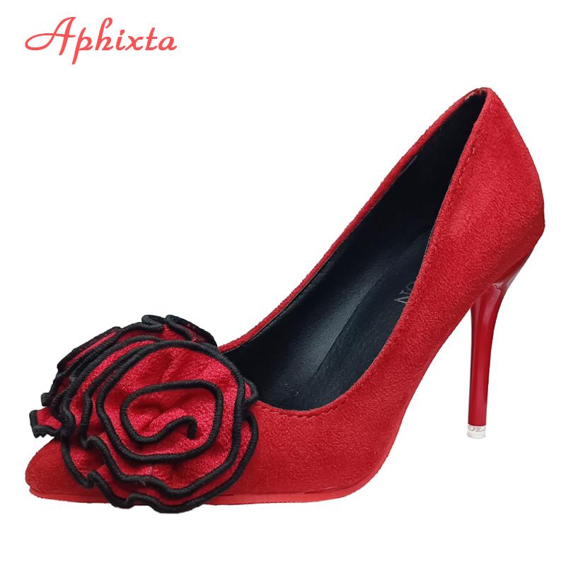 Aphixta Hot Sale Flowers 3.94inch/10cm Red Stiletto Heels Pumps Women Office Casual Shoes Heels Big Size 45 46 47 48 49 50