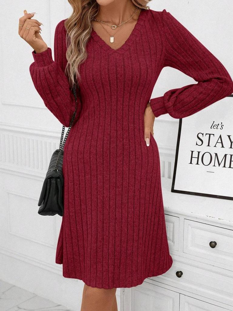 Women's Fall Winter New V-Neck Cable Knit Long Sleeve Dress Top