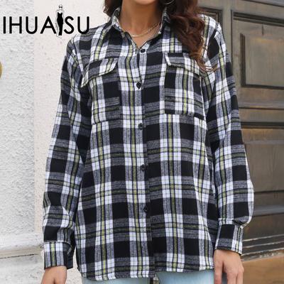 Women's Plaid Shirt Milled Long Sleeve Mid-Length Loose Blouse Women's Tops