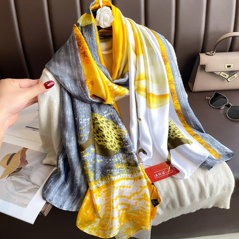 New silk scarf new silk satin printed shawl holiday fashion sunscreen long section simulation silk scarf