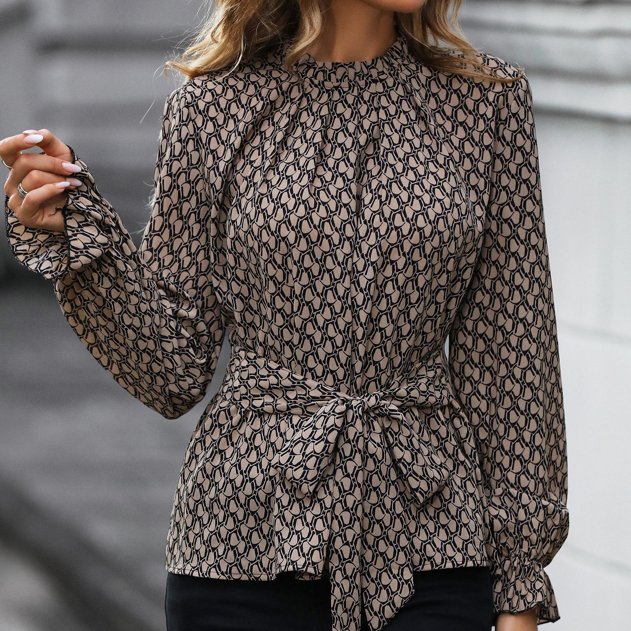 

YYFS женские модные повседневные летние блузки и рубашки с круглым вырезом и длинными рукавами с леопардовым принтом XL хаки