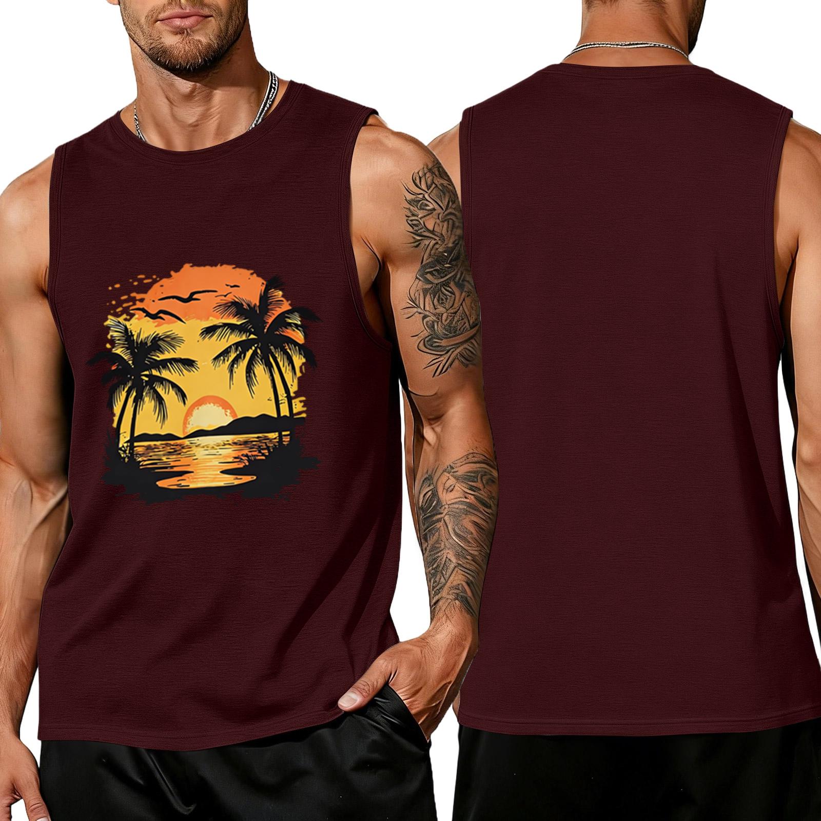

Men s Sleeveless Muscle Tank Top Crew Neck Casual Fit Summer Beach Tree Print Lightweight Shirt S винний