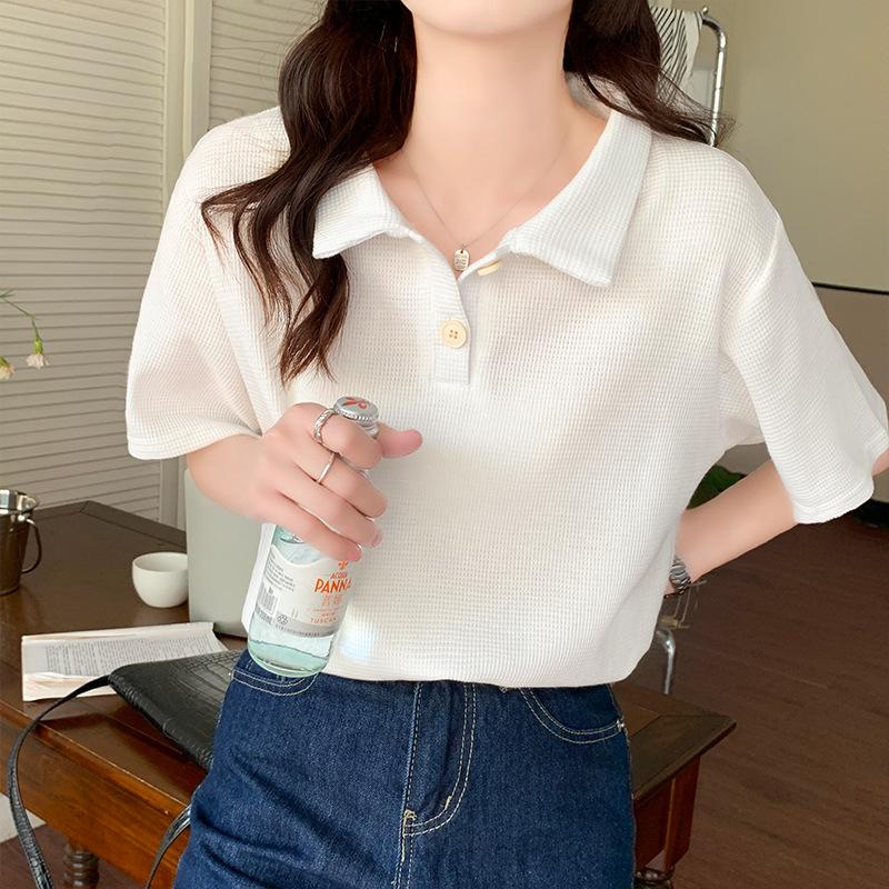 2025 New Summer Waffle Polo Shirt Apricot Hong Kong Style Loose Age-reducing Short-sleeved T-shirt Women's Inner Top