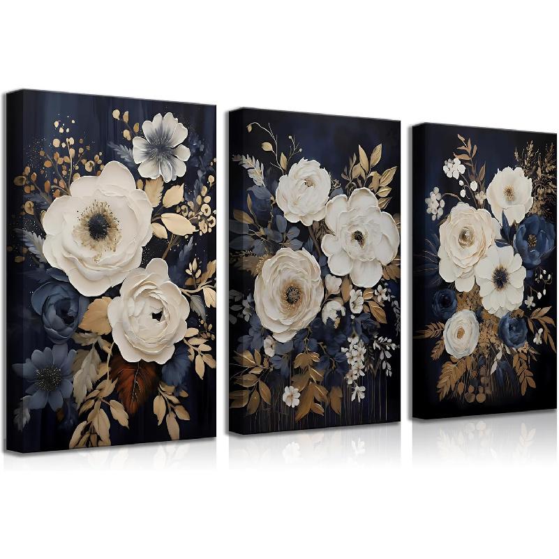 3Pcs Navy Blue Abstract Floral Canvas Wall Art Moody Dark Flowers Plants Painting Picture Wall Decor Poster Print Artwork Suitable for Living Room 16L   x12W