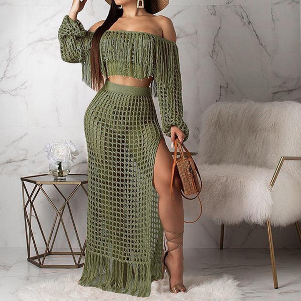 Women Sexy Long Sleeve Tassels Hollow Out Blouse Tops+Slit Beach Skirt Suit Sets