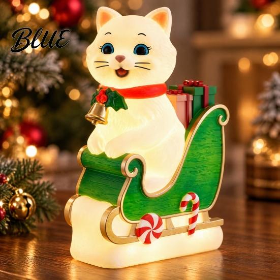 Christmas Cat Night Light Sleigh Light Synthetic Resin Decorative LED Indoor Party Decor USB Powered Lighted Figurine for Festive Holiday Cute Animal