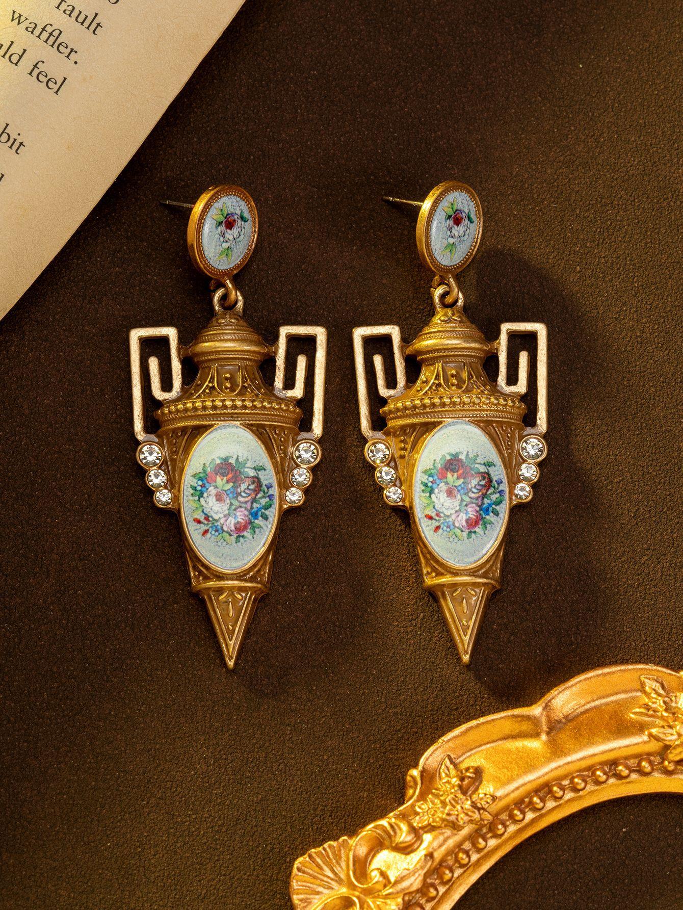 Средневековые винтажные серьги-клипсы в китайском стиле с цветочным муралом, тяжелая промышленность, придворный стиль, ретро-темперамент, средневековые серьги