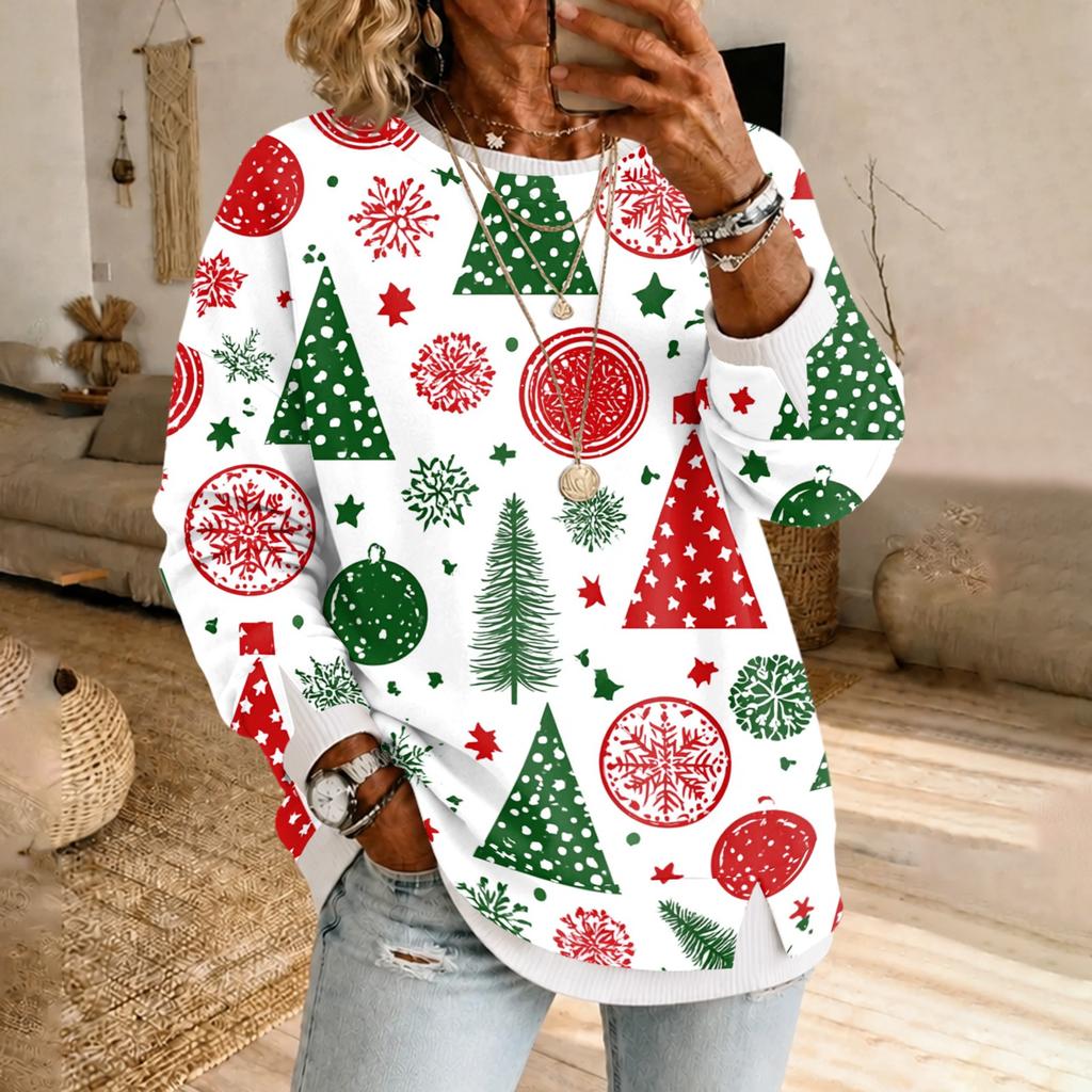Top Pullover Casual da Donna a Manica Lunga con Stampa Natalizia e Design