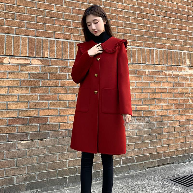 Women's Mid-Length Red Woolen Coat with Doll Collar for Autumn/Winter 2025