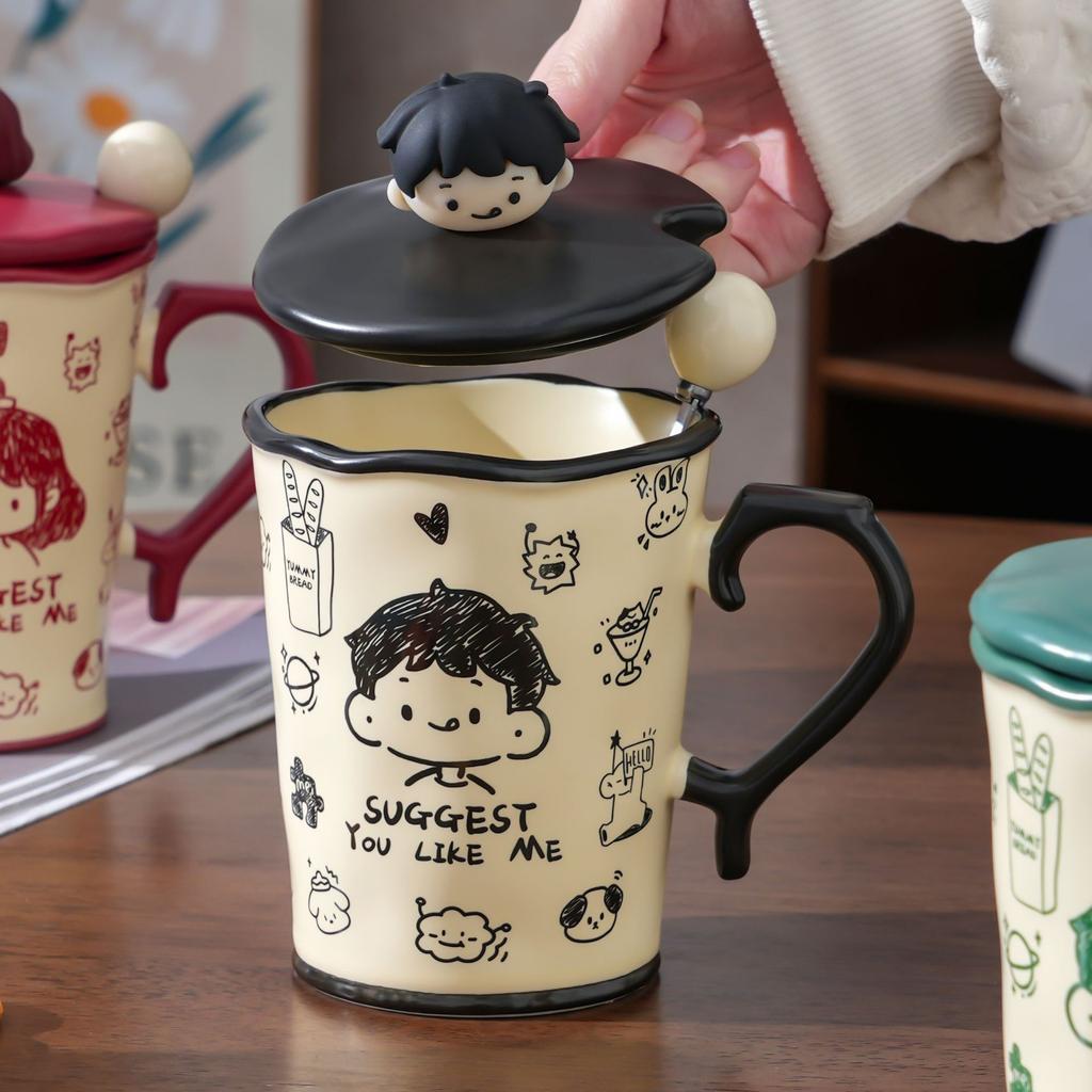 Graffiti Mug with Lid Spoon Ceramic Water Cup Couple with Large Capacity Hand Painted Gift for Girls Niche Birthday Gift