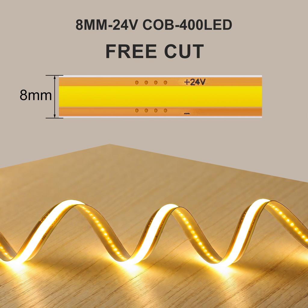 8MM Free Cut COB LED Strip Light 400LEDs/m 12V 24V High Density Flexible Tape Ribbon 3000K 4000K 6000K RA90 FOB Led Lights
