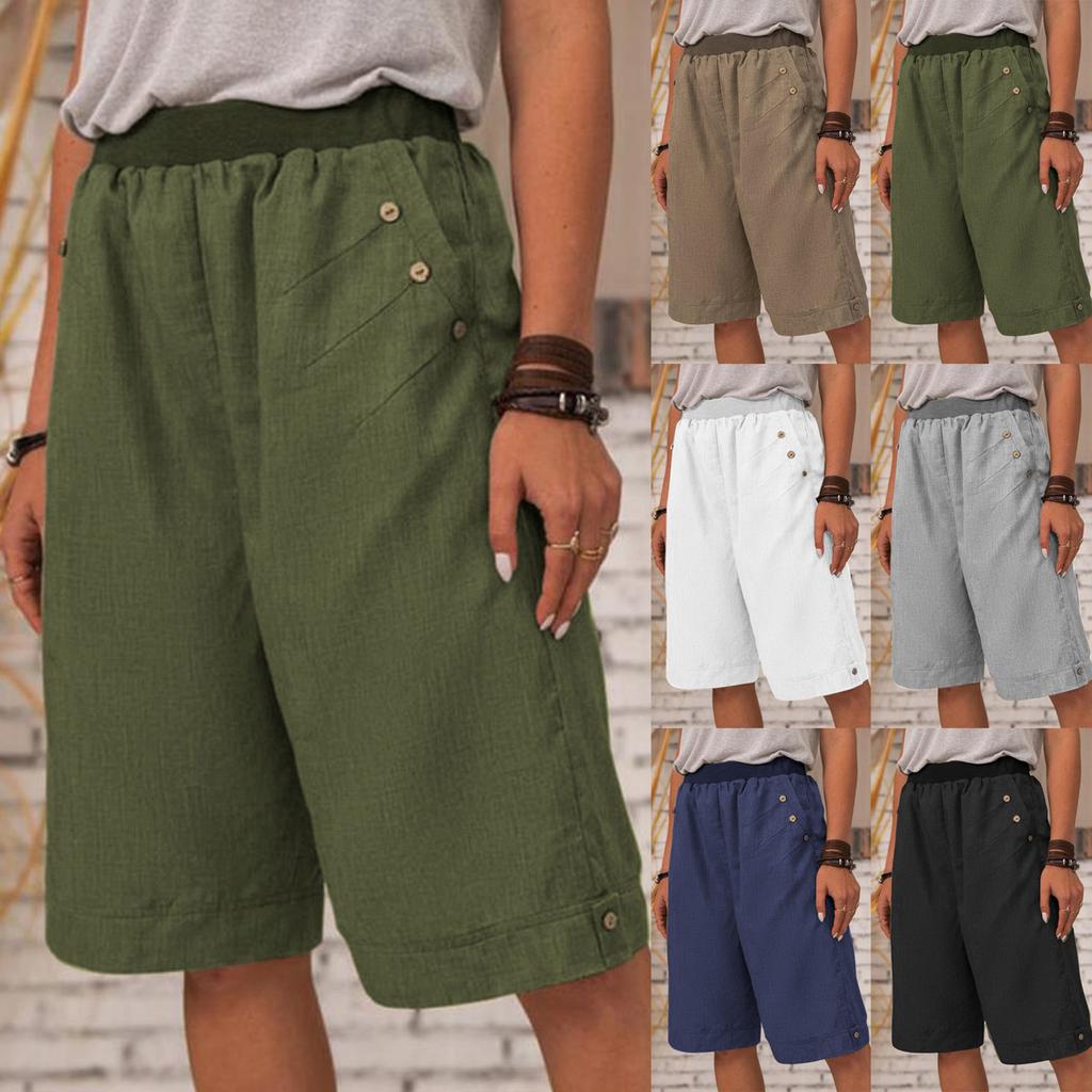 Женские повседневные брюки с эластичной резинкой на талии и прямыми карманами, летние льняные шорты