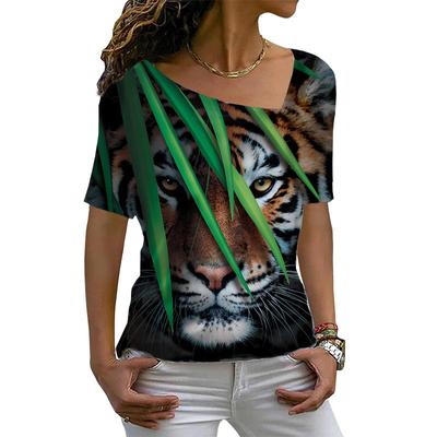 Sommer Neues Tiger Muster 3D Gedrucktes Damen Schräghals Slim Fit Kurzarm T-Shirt