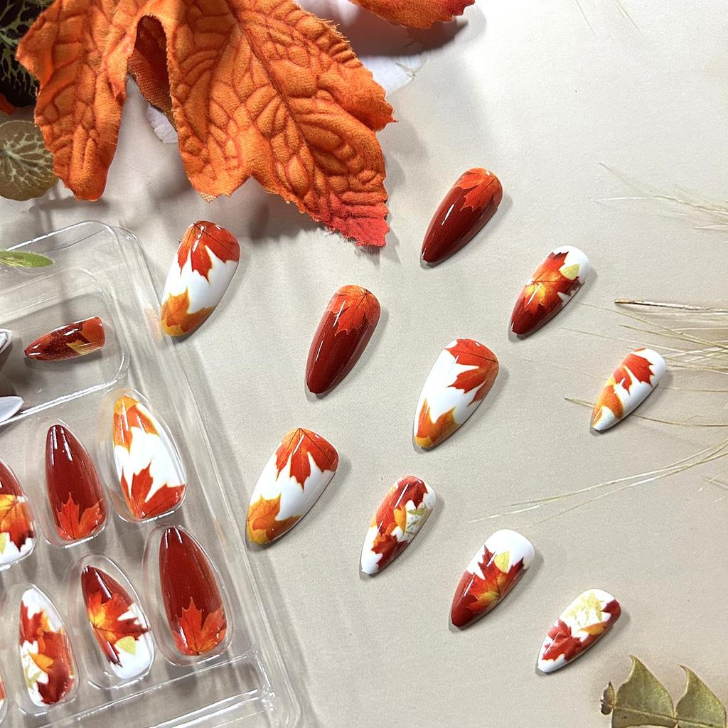 Fall Maple Leaf False Nail Thanksgiving Press On Nails Almond Shaped Medium Autumn Acrylic Artificial Fingernails Full Cover Glossy Thanksgiving