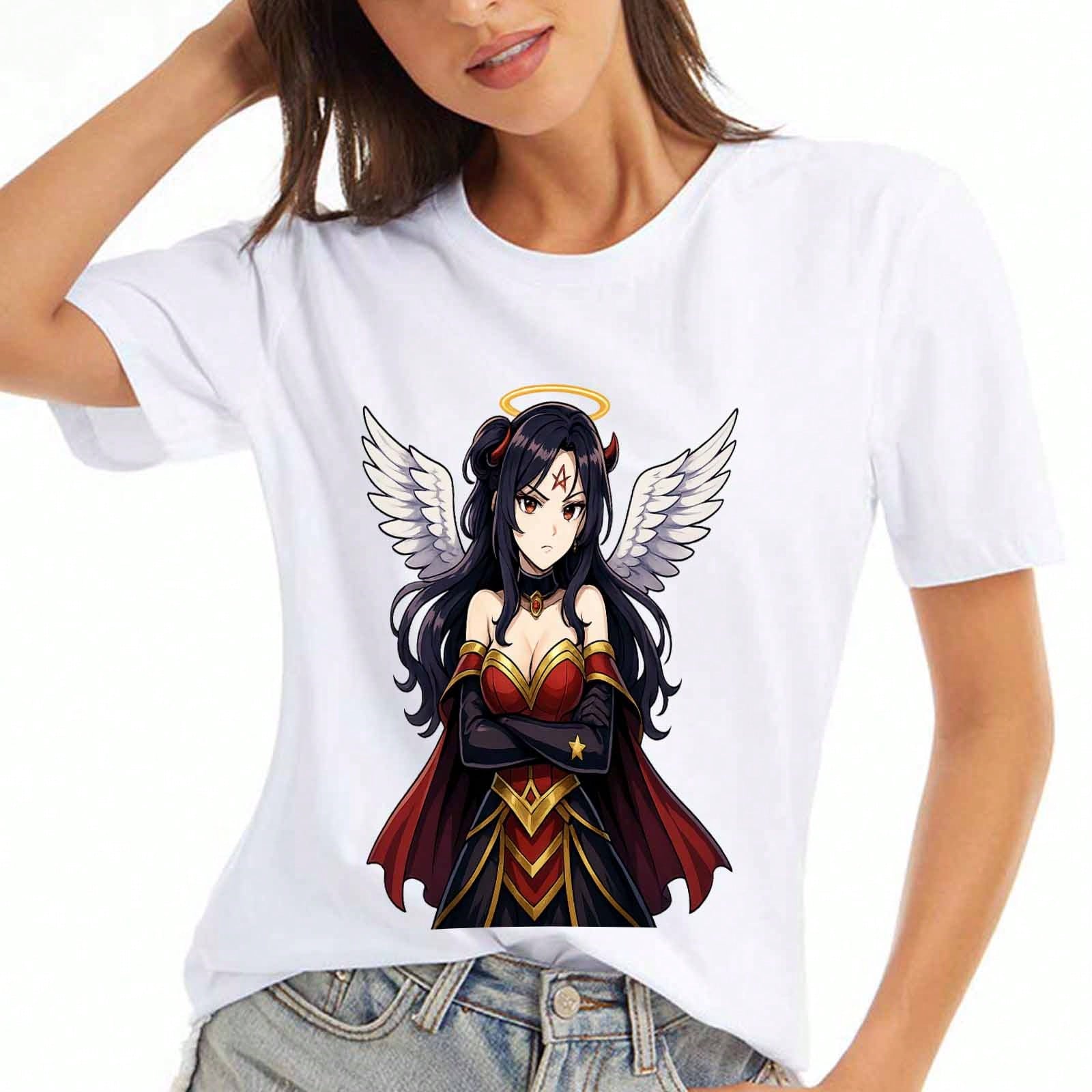 Angel And Demon Ladies Cotton T Shirt, Pure Cotton Premium Print, Durable, Casual And Fashionable. Paradise Angel And Devil Anime Design, Aesthetical S разноцветный