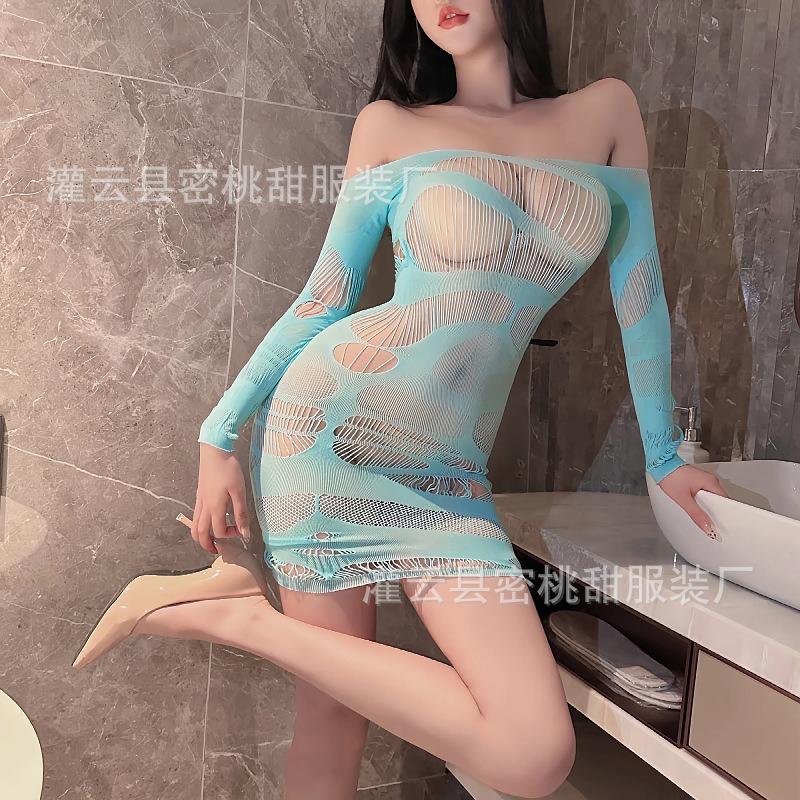 Sex underwear transparent multi-color hollow hip mesh dress sexy long sleeve one-word shoulder perspective nightdress free