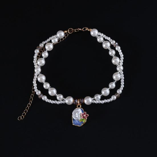 Faux Pearl Pet Collar for Dogs Cats Double-layer Beaded Necklace with Enamel Pendant for Pet Dress-up Jewelry Accessories