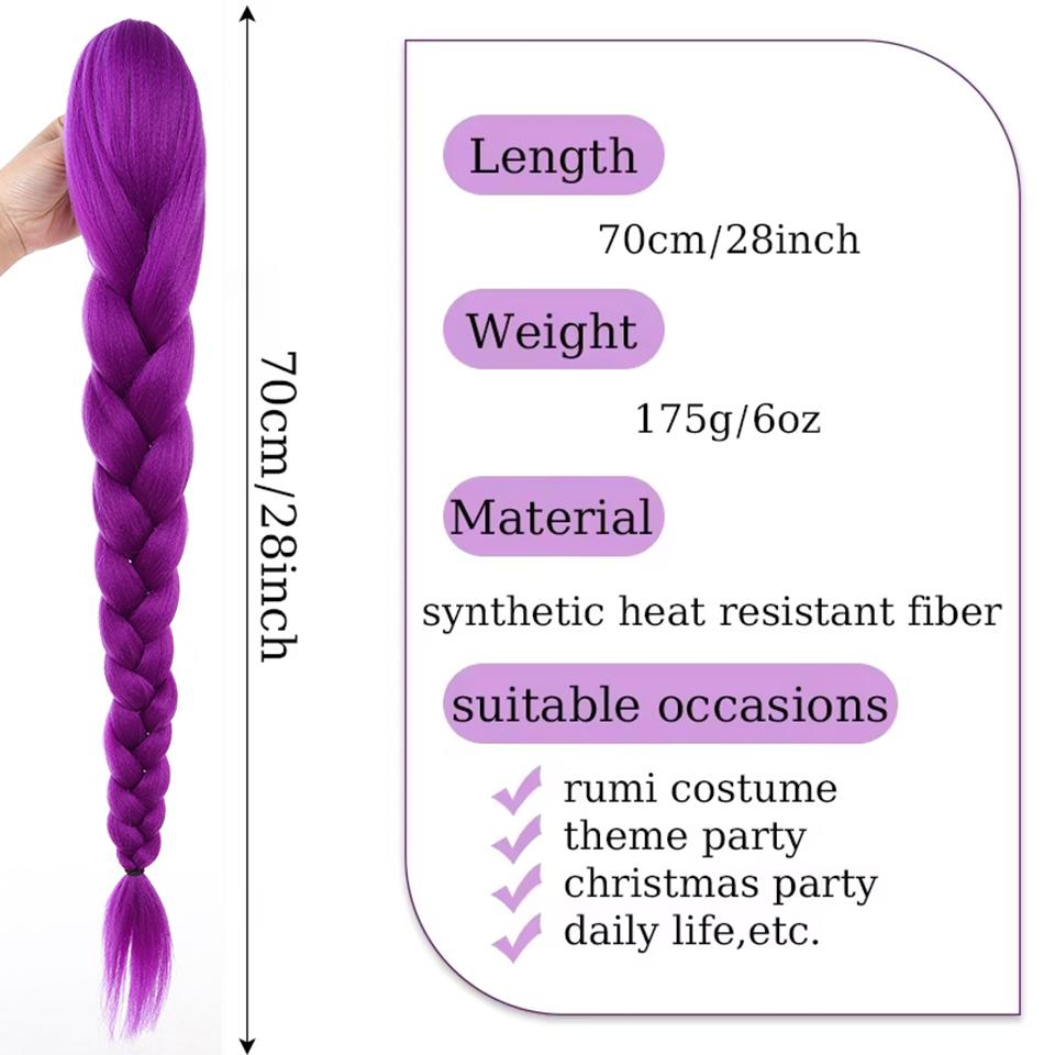 28inch Synthetic Hair Long Braided Purple Hair Ponytail Extensions Rumi Hairstyle Claw Clip Hair Wig for Kids for Chritmas Party