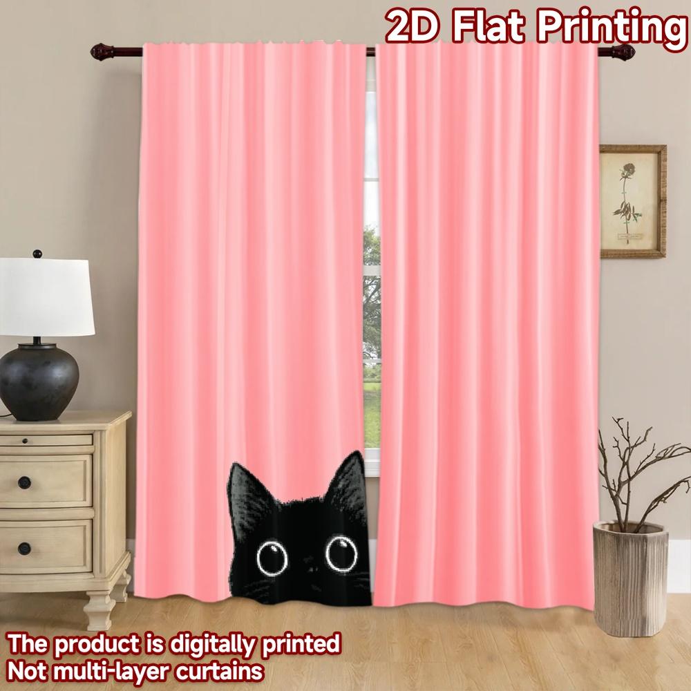 2D flat printing 2pcs Window Drapes Black Cat Peeking Cute Digital Printed Polyester Drapes Festive Wall Decor for Photo Booths