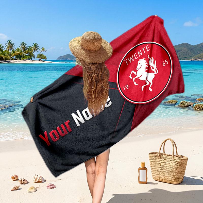 FC Twente Custom Beach Towel, Personalized Name Text Print, Football Logo Soft Quick‑Dry Towel Holiday Gift