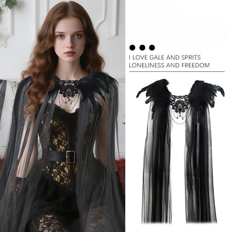 Halloween Black Feather Cloak Mesh Cloak Mid Length Dress for Stage and Performance Costumes Halloween Costume Decoration