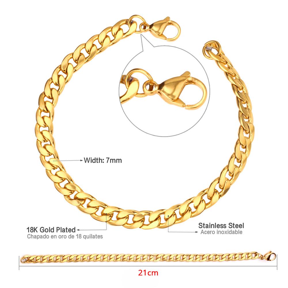 Hip Hop Curb Cuban Link Chain Bracelet 21cm Gold Silver Color Stainless Steel 7mm Hand Chains For Women Men Jewelry Gift