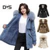Winter Women Jacket Furry Hood Thickened Plush Long Sleeves Elastic Waist Pockets Zipper Closure Coat Mid Length Windproof Warm Overcoat