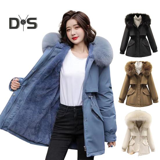 Winter Women Jacket Furry Hood Thickened Plush Long Sleeves Elastic Waist Pockets Zipper Closure Coat Mid Length Windproof Warm Overcoat