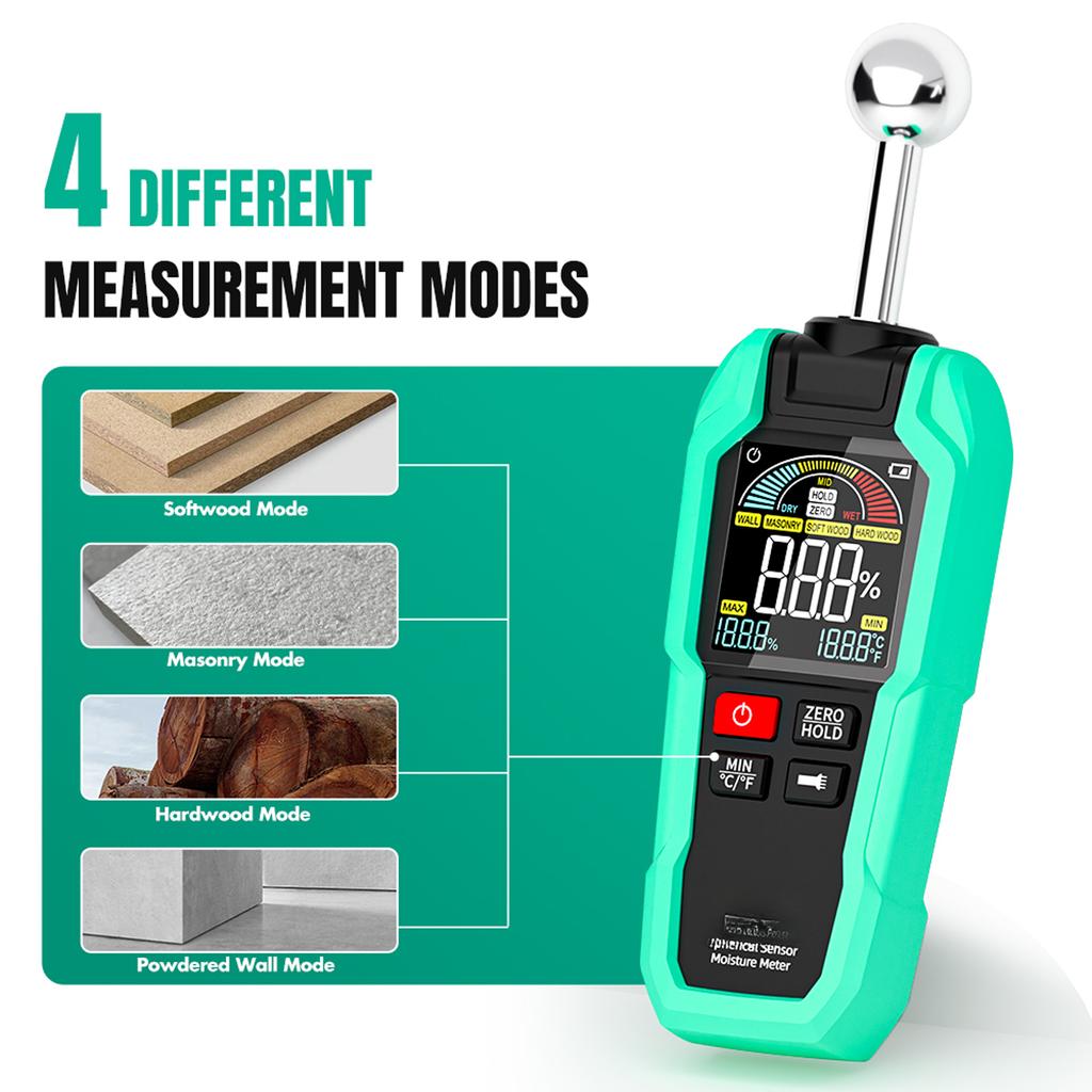 Green Pinless Wood Moisture Meter Rechargeable Non Destructive Tester 0 100 RH 5 40mm Depth for Lumber Drywall