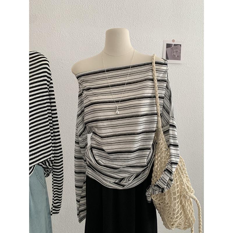 Spring Autumn One Word Collar Vintage Striped Printing Long Sleeve T-shirt Women Loose Casual All-match Tee Top