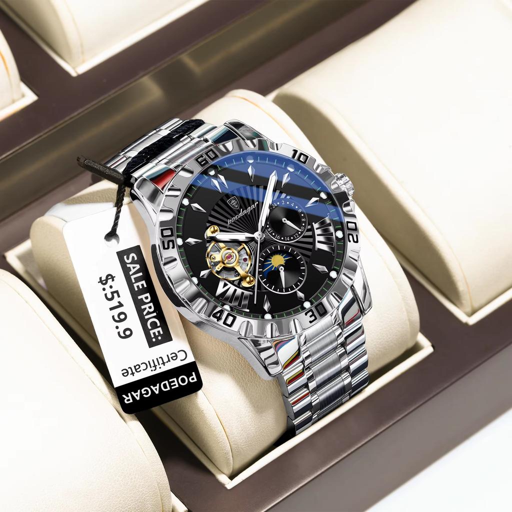 POEDAGAR 1415 Luxus Herren Skelett Tourbillon Automatisch Mechanische Herrenuhr Wasserdicht Leuchtend Edelstahl Herrenuhren